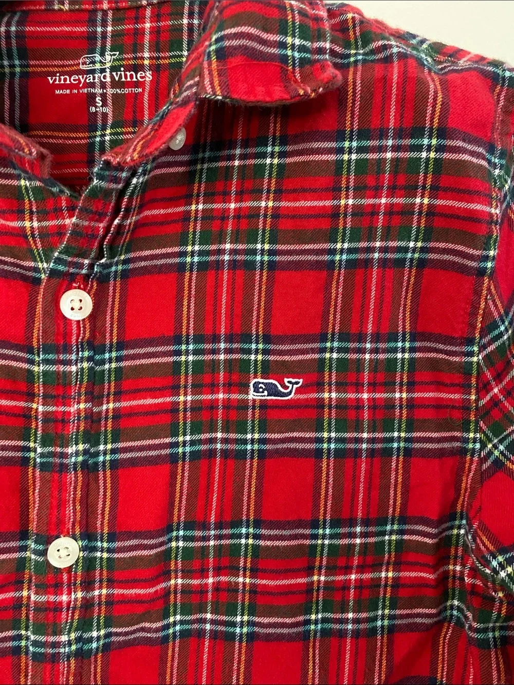 Vineyard Vines Boy's Red Green Plaid Flannel Holiday Button-Up Shirt Small 8-10